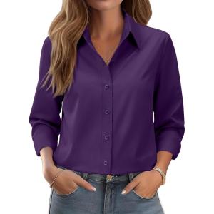 siliteelon Button Down Shirts for Women: Wrinkle Free Long Sleeve Regular Fit Collared Dress Shirt Solid Formal Office(Purple)