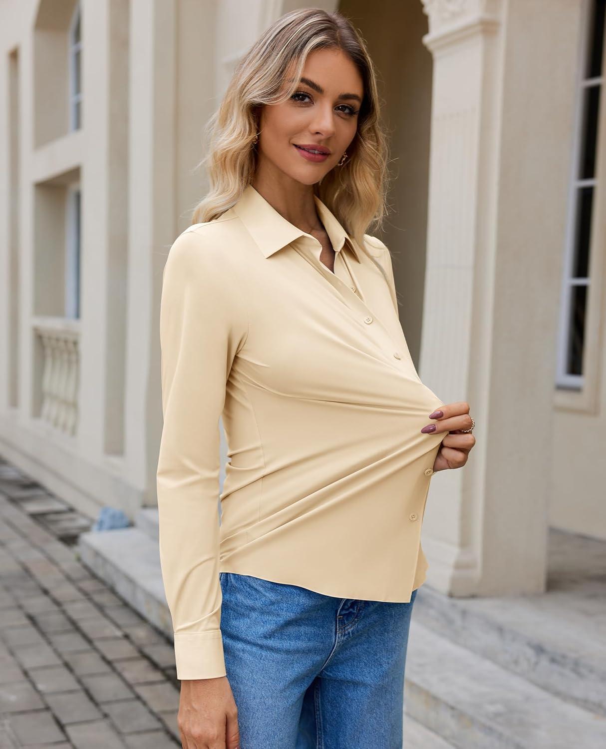 imagesiliteelon Button Down Shirts for Women Slim Fit Stretch Long Sleeve Dress Shirt Wrinkle Resistant Office Blouse WorkBeige