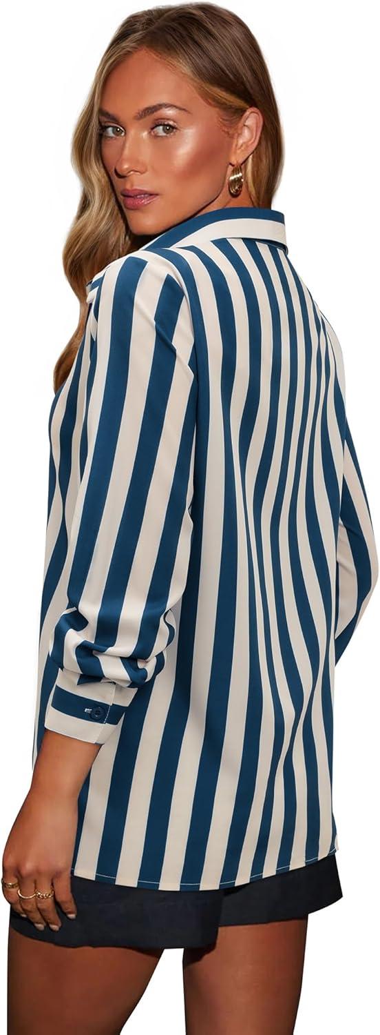 imagesiliteelon Button Down Shirts for Women Striped Dress Shirts Long Sleeve Casual Collared Office Work Blouses TopsNavy Blue