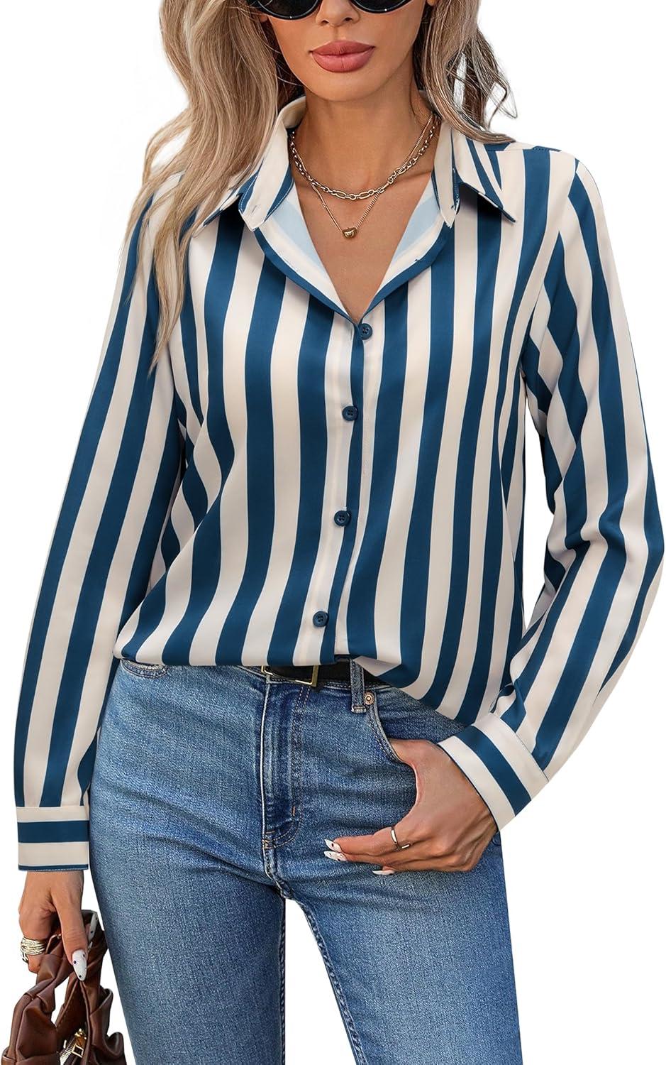 imagesiliteelon Button Down Shirts for Women Striped Dress Shirts Long Sleeve Casual Collared Office Work Blouses TopsNavy Blue