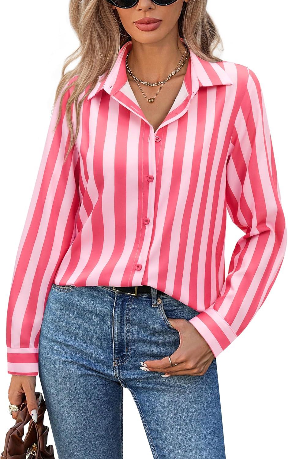 imagesiliteelon Button Down Shirts for Women Striped Dress Shirts Long Sleeve Casual Collared Office Work Blouses TopsPink