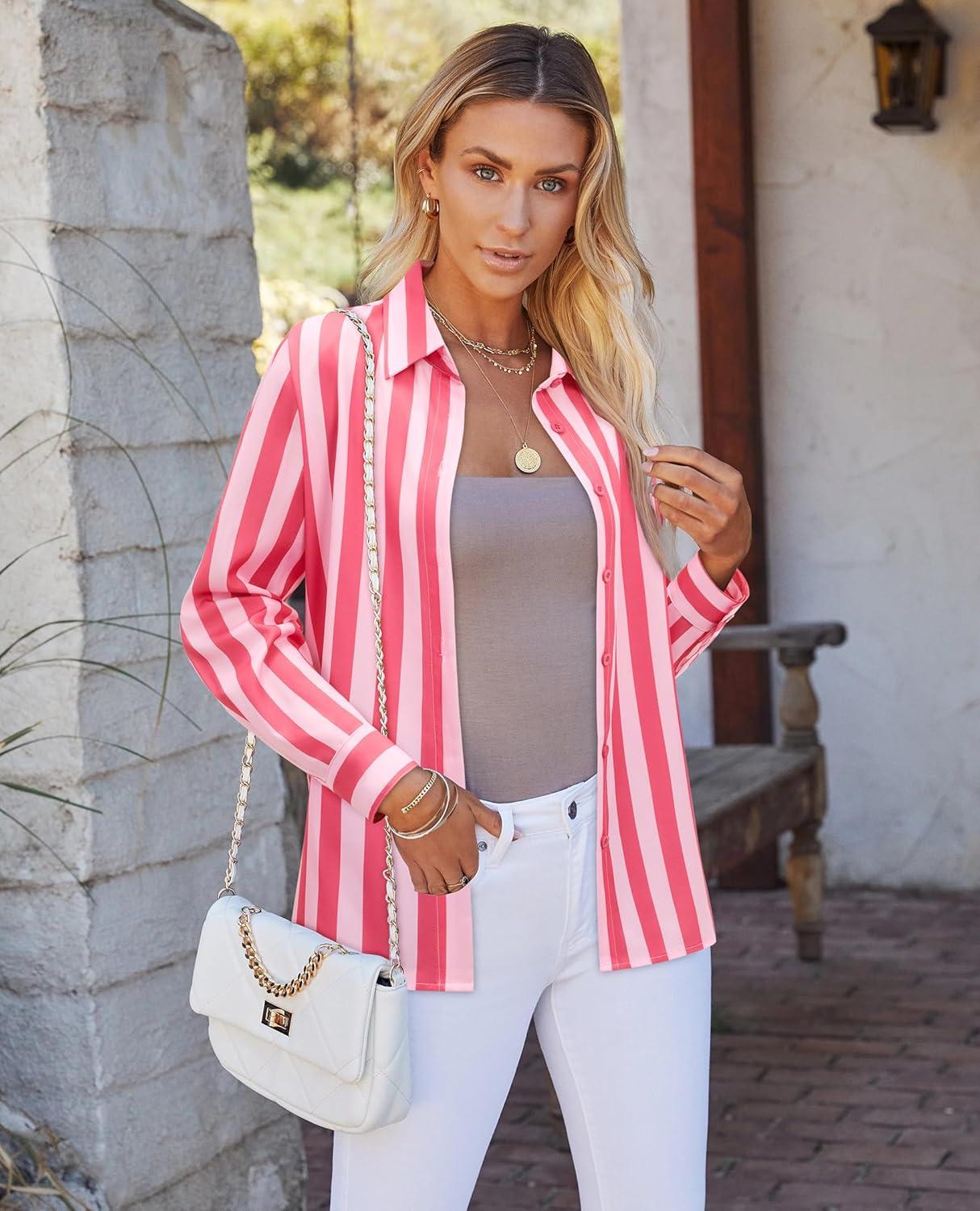 imagesiliteelon Button Down Shirts for Women Striped Dress Shirts Long Sleeve Casual Collared Office Work Blouses TopsPink