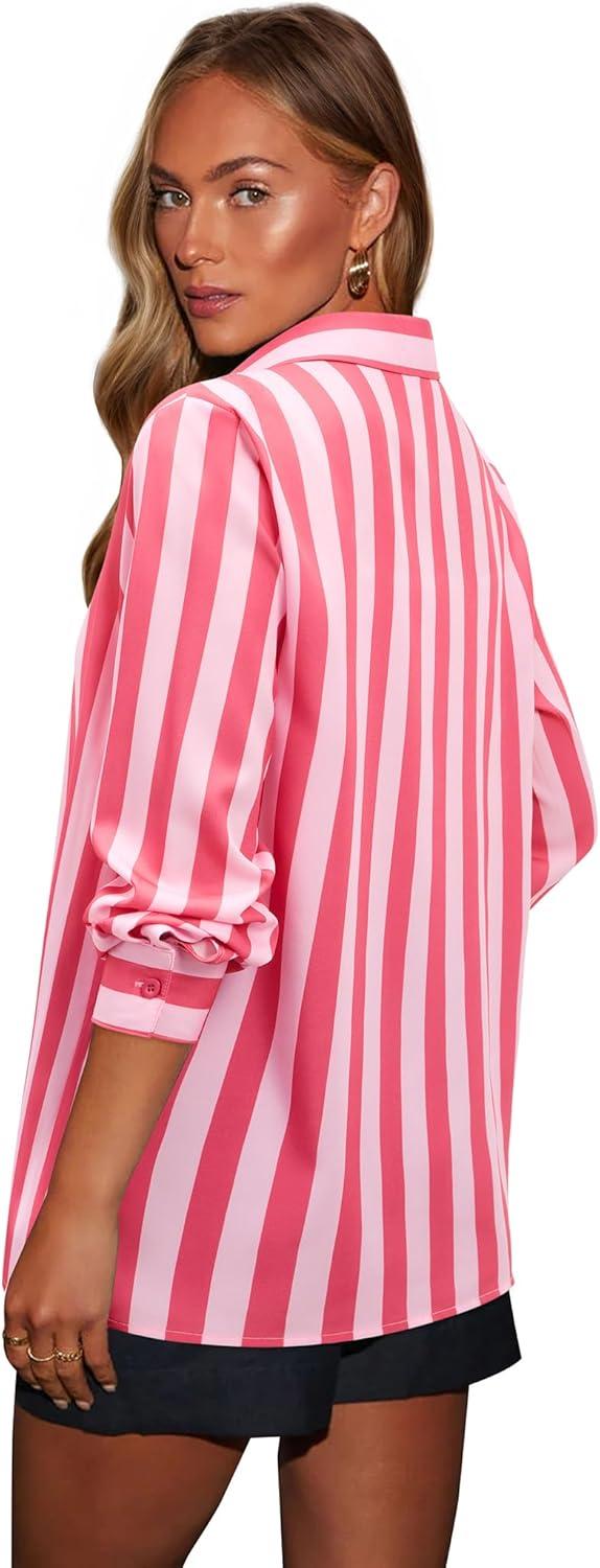 imagesiliteelon Button Down Shirts for Women Striped Dress Shirts Long Sleeve Casual Collared Office Work Blouses TopsPink