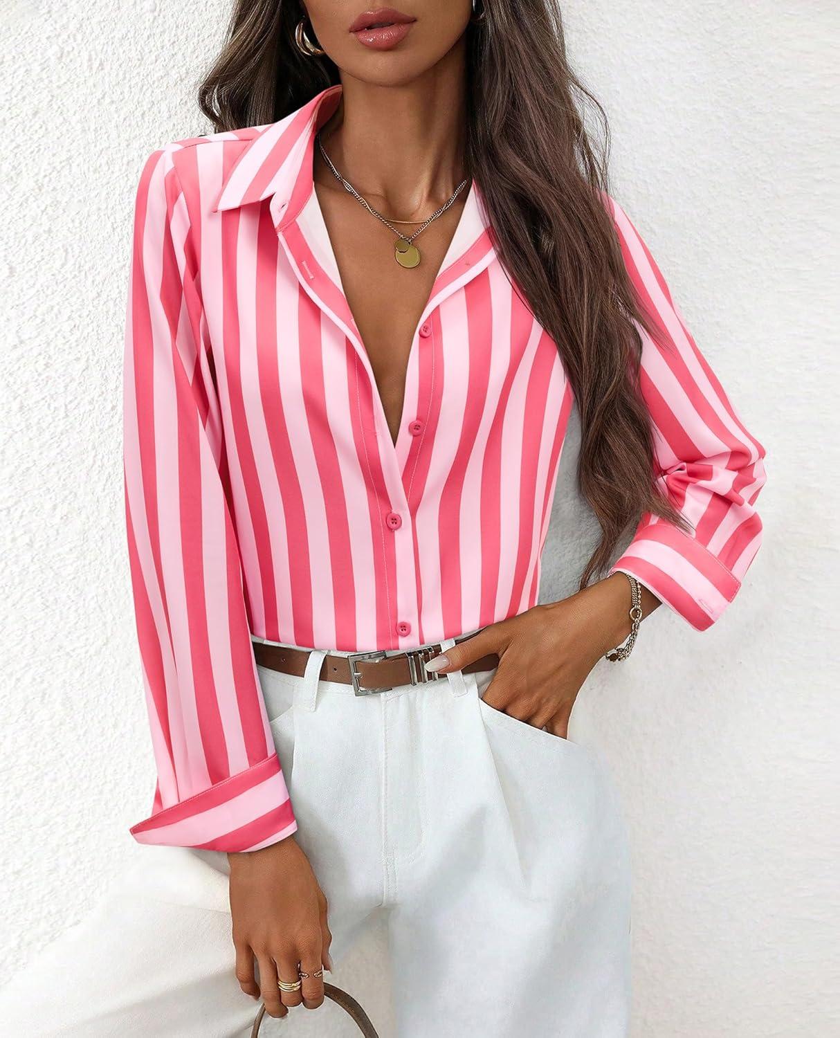 imagesiliteelon Button Down Shirts for Women Striped Dress Shirts Long Sleeve Casual Collared Office Work Blouses TopsPink