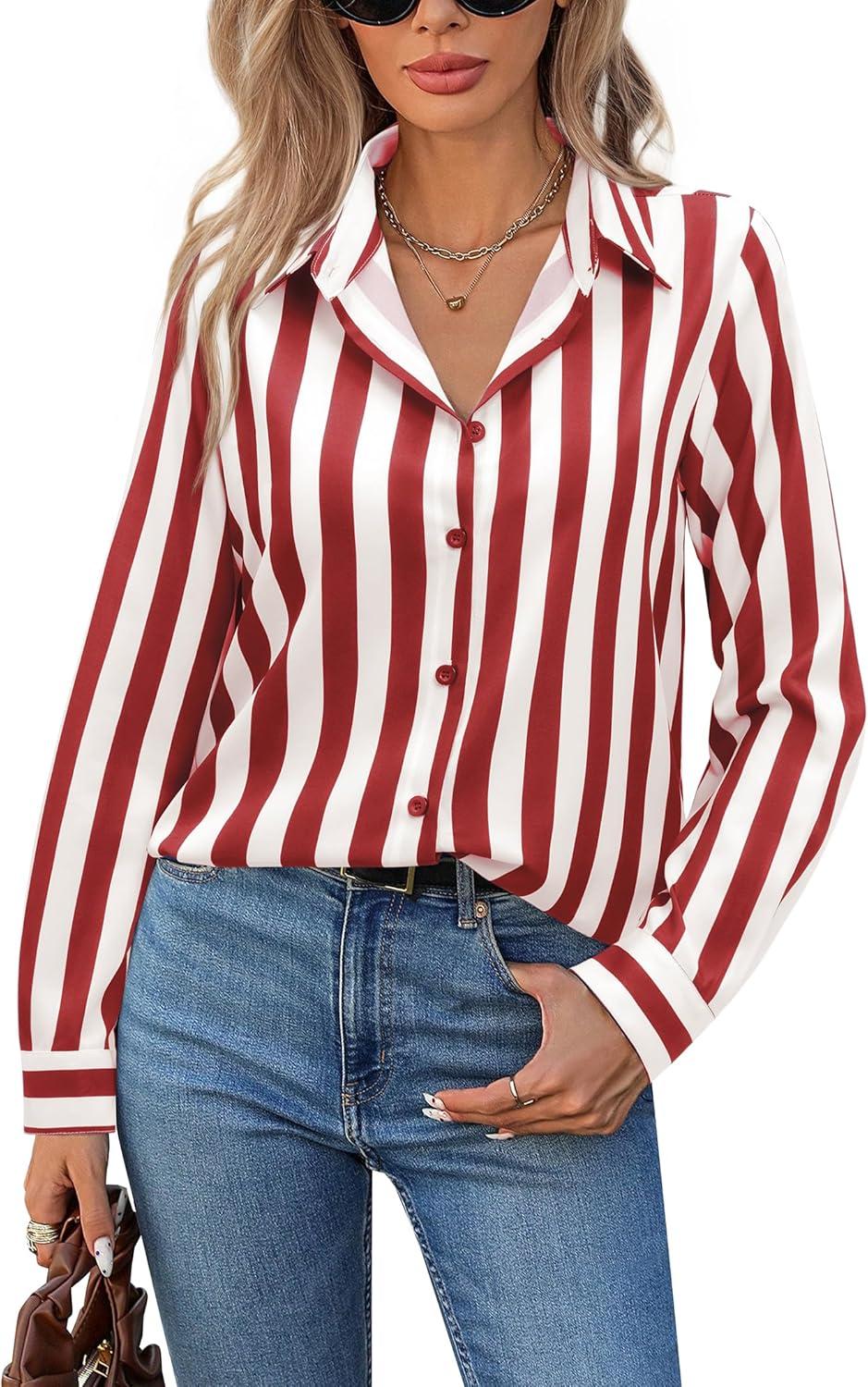 imagesiliteelon Button Down Shirts for Women Striped Dress Shirts Long Sleeve Casual Collared Office Work Blouses TopsRed