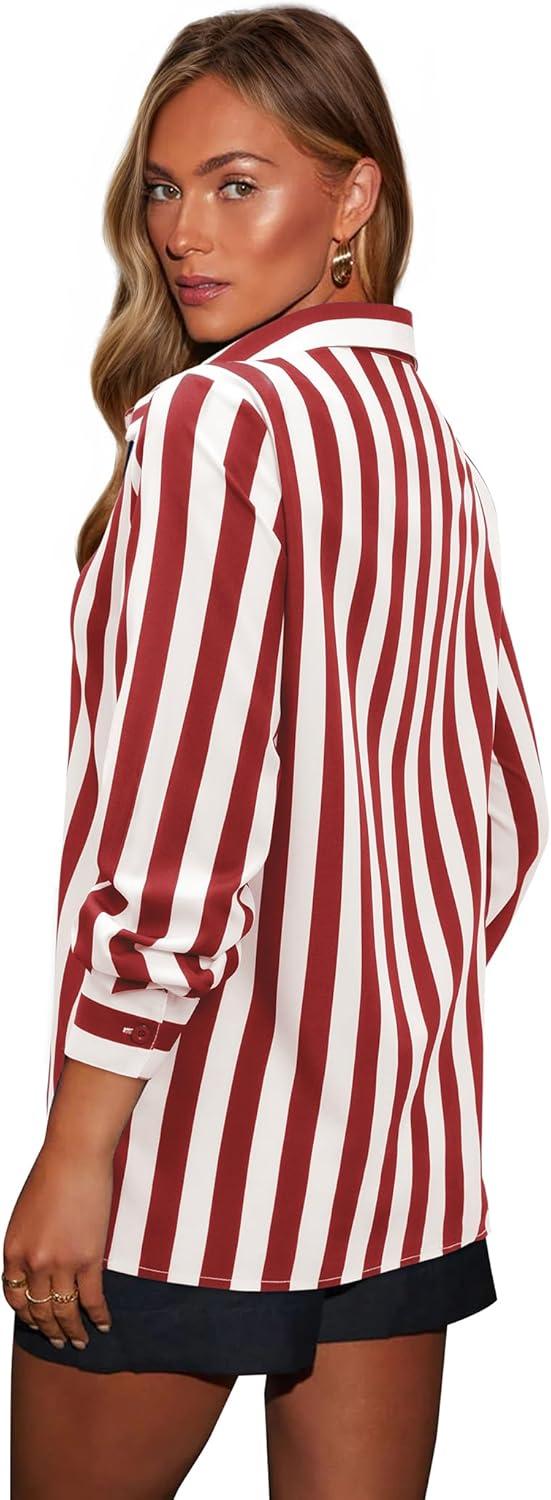imagesiliteelon Button Down Shirts for Women Striped Dress Shirts Long Sleeve Casual Collared Office Work Blouses TopsRed