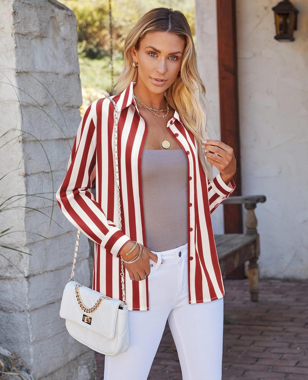 imagesiliteelon Button Down Shirts for Women Striped Dress Shirts Long Sleeve Casual Collared Office Work Blouses TopsRed