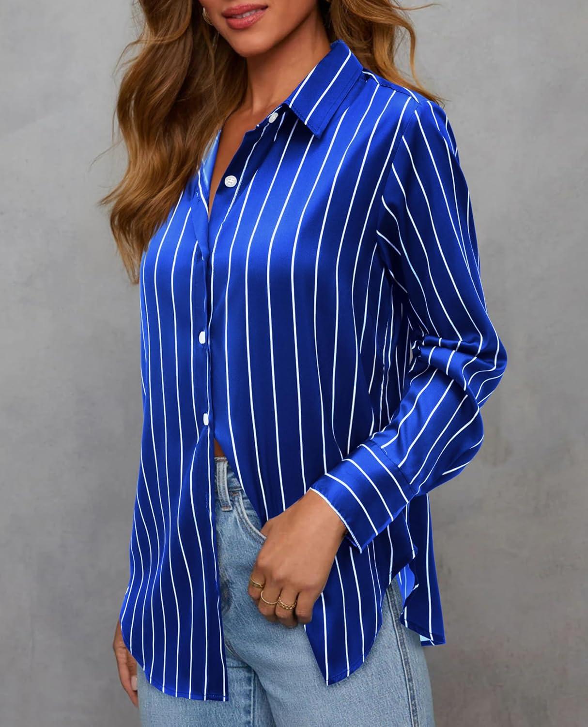 imagesiliteelon Satin Silk Blouse Striped Button Down Shirts for Women Long Sleeve Dress Blouses Collared Work Office TopsBlue Striped