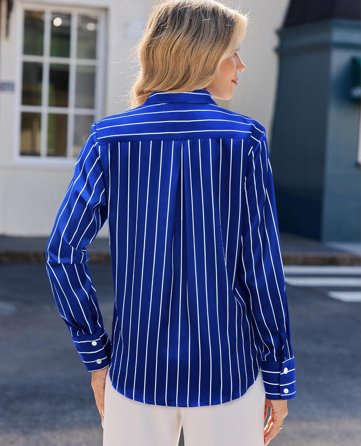 imagesiliteelon Satin Silk Blouse Striped Button Down Shirts for Women Long Sleeve Dress Blouses Collared Work Office TopsBlue Striped