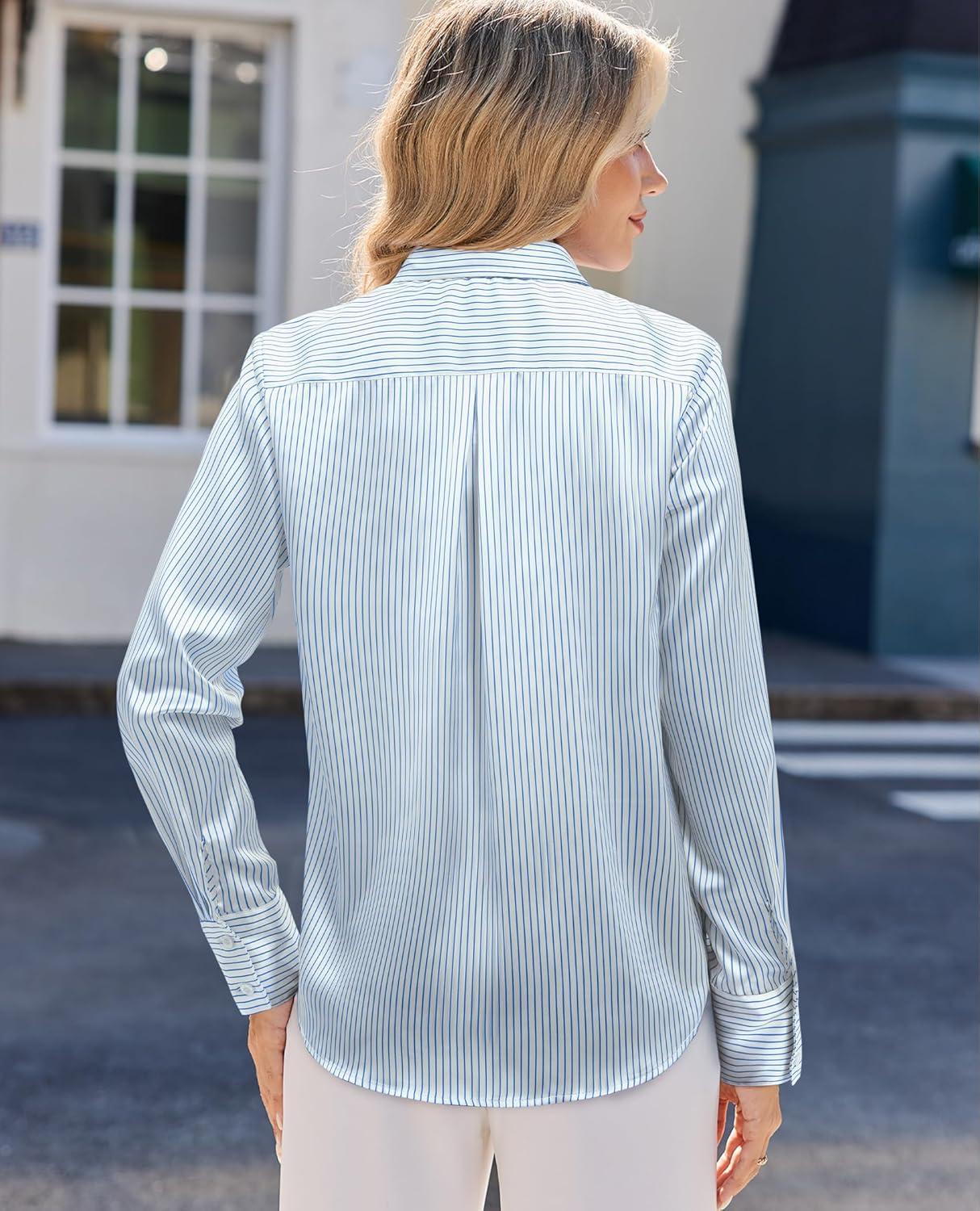 imagesiliteelon Satin Silk Blouse Striped Button Down Shirts for Women Long Sleeve Dress Blouses Collared Work Office TopsBlue and White