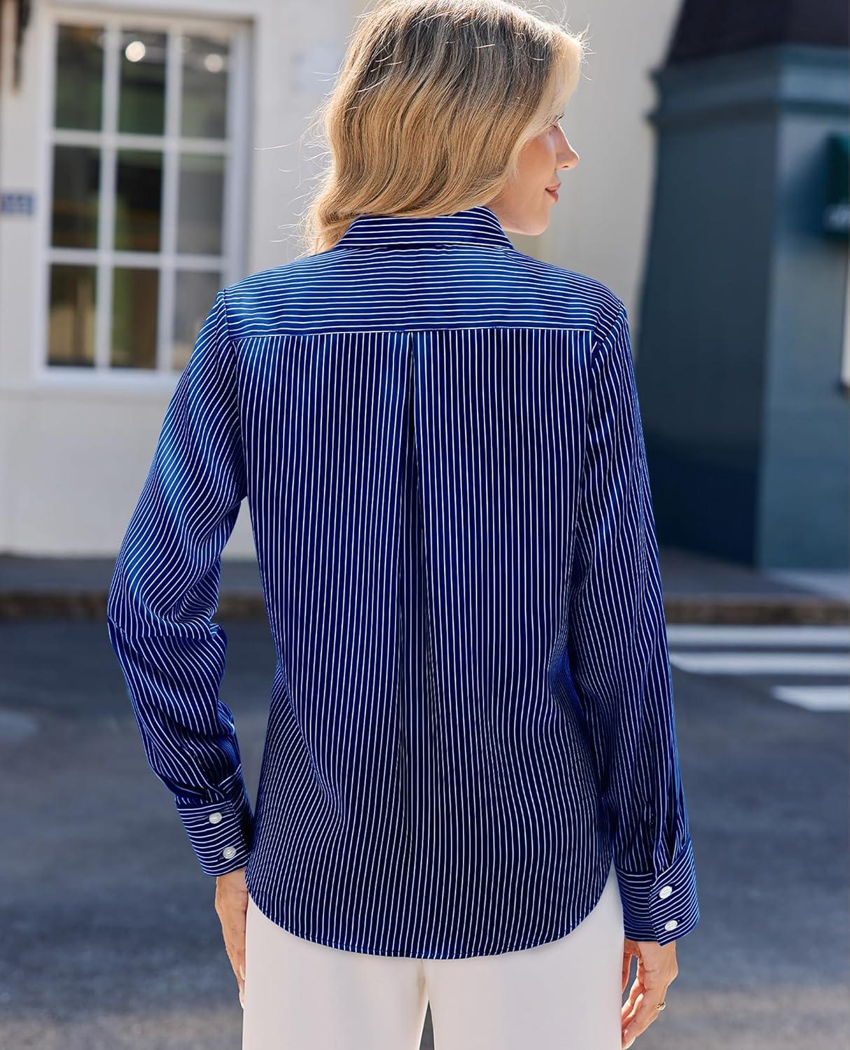 imagesiliteelon Satin Silk Blouse Striped Button Down Shirts for Women Long Sleeve Dress Blouses Collared Work Office TopsNavy Blue Striped