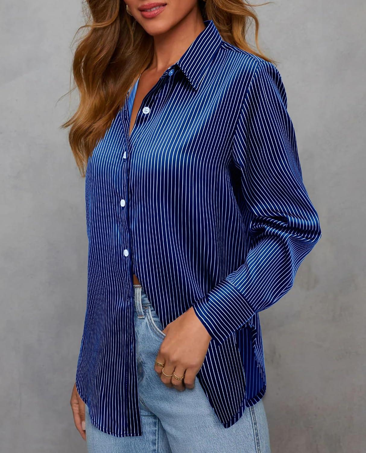 imagesiliteelon Satin Silk Blouse Striped Button Down Shirts for Women Long Sleeve Dress Blouses Collared Work Office TopsNavy Blue Striped