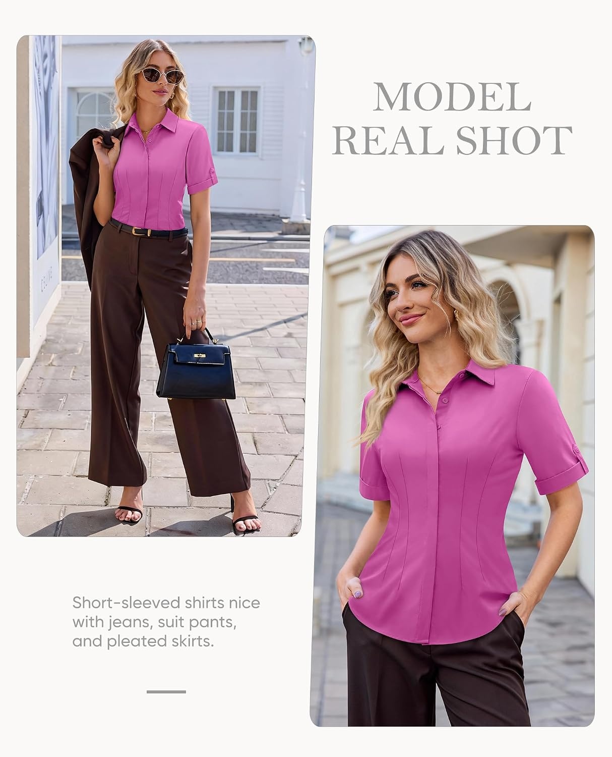 image:imagesiliteelon Button Down Shirts for Women Hidden Placket Short Sleeve Button Up Dress Shirt Business Casual Work BlousesRose Red