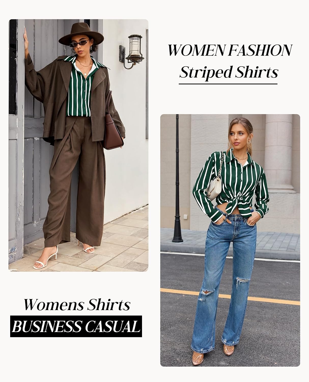 image:imagesiliteelon Button Down Shirts for Women Striped Long Sleeve Oversized Boyfriend Blouses Collared Work Drop Shoulder TopsGreen