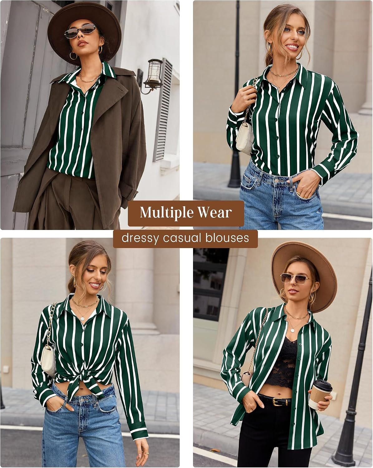 image:imagesiliteelon Button Down Shirts for Women Striped Long Sleeve Oversized Boyfriend Blouses Collared Work Drop Shoulder TopsGreen