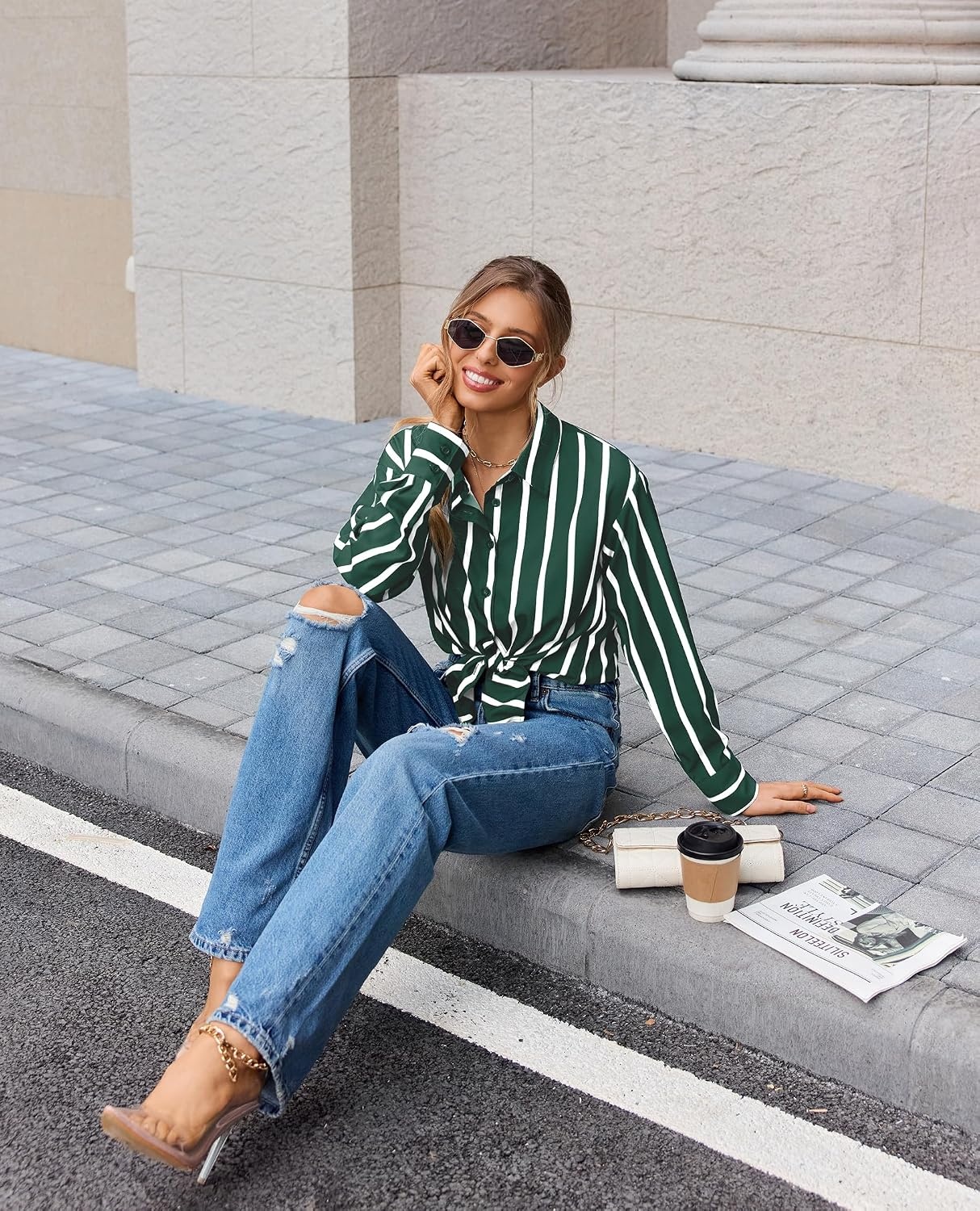 image:imagesiliteelon Button Down Shirts for Women Striped Long Sleeve Oversized Boyfriend Blouses Collared Work Drop Shoulder TopsGreen