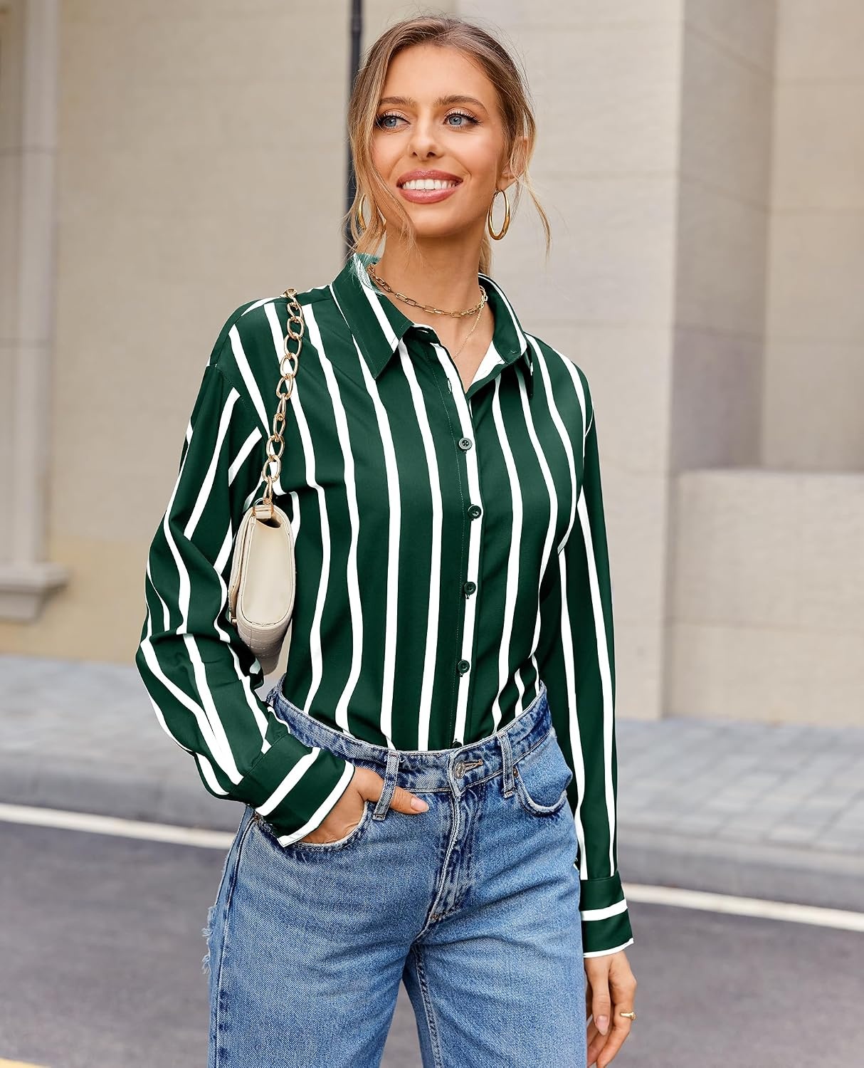 image:imagesiliteelon Button Down Shirts for Women Striped Long Sleeve Oversized Boyfriend Blouses Collared Work Drop Shoulder TopsGreen