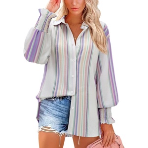siliteelon Button Down Striped Shirts for Women Smocked Cuffed Long Sleeve Oversized Boyfriend Blouses Collared Work Tops(113-multicolored Striped)