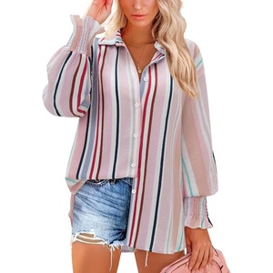 siliteelon Button Down Striped Shirts for Women Smocked Cuffed Long Sleeve Oversized Boyfriend Blouses Collared Work Tops(114-multicolored Striped)