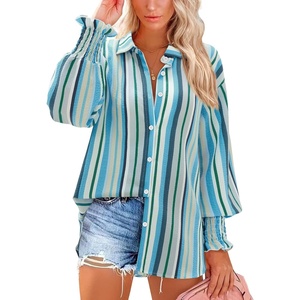 siliteelon Button Down Striped Shirts for Women Smocked Cuffed Long Sleeve Oversized Boyfriend Blouses Collared Work Tops(115-multicolored Striped)