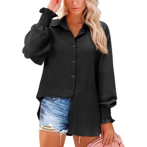 siliteelon Button Down Striped Shirts for Women Smocked Cuffed Long Sleeve Oversized Boyfriend Blouses Collared Work Tops(Black)