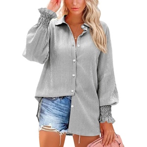 siliteelon Button Down Striped Shirts for Women Smocked Cuffed Long Sleeve Oversized Boyfriend Blouses Collared Work Tops(Black Pinstripe)