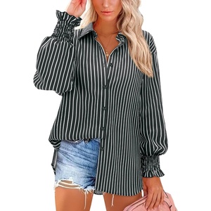 siliteelon Button Down Striped Shirts for Women Smocked Cuffed Long Sleeve Oversized Boyfriend Blouses Collared Work Tops(Black Striped)