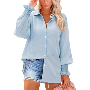 siliteelon Button Down Striped Shirts for Women Smocked Cuffed Long Sleeve Oversized Boyfriend Blouses Collared Work Tops(Blue Pinstripe)
