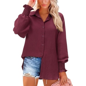 siliteelon Button Down Striped Shirts for Women Smocked Cuffed Long Sleeve Oversized Boyfriend Blouses Collared Work Tops(Burgundy)