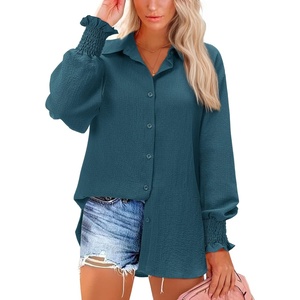 siliteelon Button Down Striped Shirts for Women Smocked Cuffed Long Sleeve Oversized Boyfriend Blouses Collared Work Tops(Dark Teal)