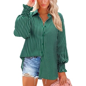 siliteelon Button Down Striped Shirts for Women Smocked Cuffed Long Sleeve Oversized Boyfriend Blouses Collared Work Tops(Deep Green Striped)