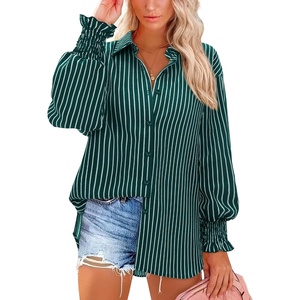 siliteelon Button Down Striped Shirts for Women Smocked Cuffed Long Sleeve Oversized Boyfriend Blouses Collared Work Tops(Forest Green Striped)