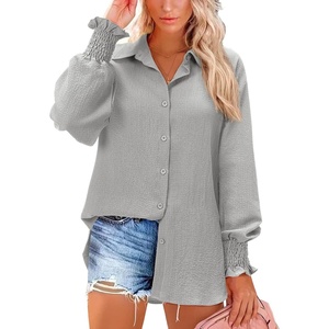 siliteelon Button Down Striped Shirts for Women Smocked Cuffed Long Sleeve Oversized Boyfriend Blouses Collared Work Tops(Gray)