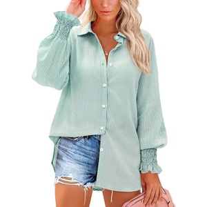 siliteelon Button Down Striped Shirts for Women Smocked Cuffed Long Sleeve Oversized Boyfriend Blouses Collared Work Tops(Green Striped)
