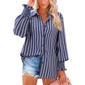 siliteelon Button Down Striped Shirts for Women Smocked Cuffed Long Sleeve Oversized Boyfriend Blouses Collared Work Tops(Navy Blue Striped)