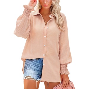 siliteelon Button Down Striped Shirts for Women Smocked Cuffed Long Sleeve Oversized Boyfriend Blouses Collared Work Tops(Orange Striped)