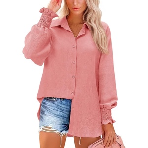 siliteelon Button Down Striped Shirts for Women Smocked Cuffed Long Sleeve Oversized Boyfriend Blouses Collared Work Tops(Peach)