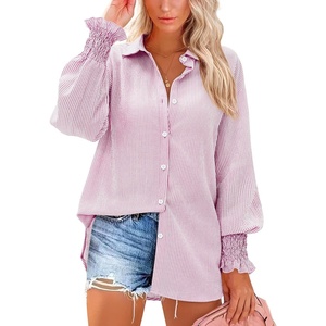 siliteelon Button Down Striped Shirts for Women Smocked Cuffed Long Sleeve Oversized Boyfriend Blouses Collared Work Tops(Pink Striped)