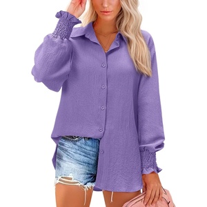 siliteelon Button Down Striped Shirts for Women Smocked Cuffed Long Sleeve Oversized Boyfriend Blouses Collared Work Tops(Purple)