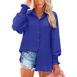 siliteelon Button Down Striped Shirts for Women Smocked Cuffed Long Sleeve Oversized Boyfriend Blouses Collared Work Tops(Royal Blue)