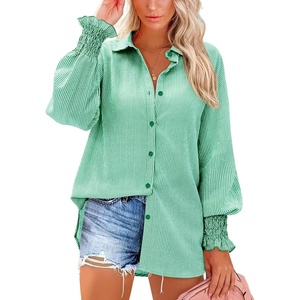 siliteelon Button Down Striped Shirts for Women Smocked Cuffed Long Sleeve Oversized Boyfriend Blouses Collared Work Tops(Turquoise Striped)