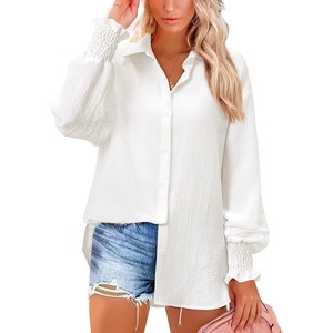 siliteelon Button Down Striped Shirts for Women Smocked Cuffed Long Sleeve Oversized Boyfriend Blouses Collared Work Tops(White)