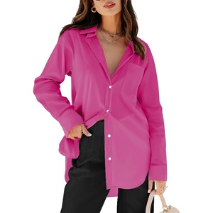siliteelon Oversized Button Down Shirts for Women Dress Shirts Long Sleeve Blouses Work Casual Tunics Tops with Pockets(Be Hot Pink)