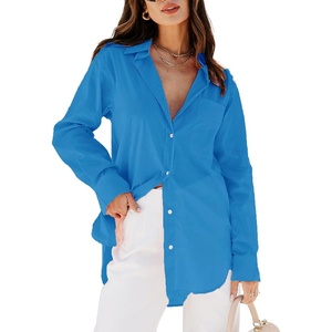 siliteelon Oversized Button Down Shirts for Women Dress Shirts Long Sleeve Blouses Work Casual Tunics Tops with Pockets(Bright Blue)