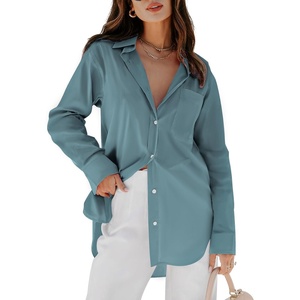 siliteelon Oversized Button Down Shirts for Women Dress Shirts Long Sleeve Blouses Work Casual Tunics Tops with Pockets(Denim Blue)