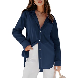 siliteelon Oversized Button Down Shirts for Women Dress Shirts Long Sleeve Blouses Work Casual Tunics Tops with Pockets(Navy Blue)