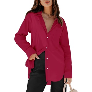 siliteelon Oversized Button Down Shirts for Women Dress Shirts Long Sleeve Blouses Work Casual Tunics Tops with Pockets(Red)
