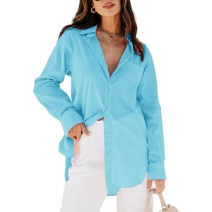 siliteelon Oversized Button Down Shirts for Women Dress Shirts Long Sleeve Blouses Work Casual Tunics Tops with Pockets(To Baby Blue)