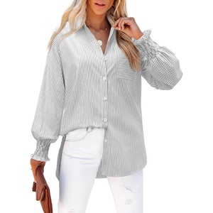 siliteelon Striped Button Down Shirts for Women Long Sleeve Blouses Boyfriend Plus Collared Smocked Business Casual Tops(Gray Green)