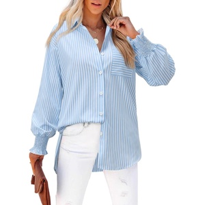siliteelon Striped Button Down Shirts for Women Long Sleeve Blouses Boyfriend Plus Collared Smocked Business Casual Tops(Light Blue)